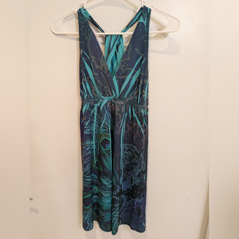 L8teR Tropical Blue Teal Racetrack Stretch Dress, M